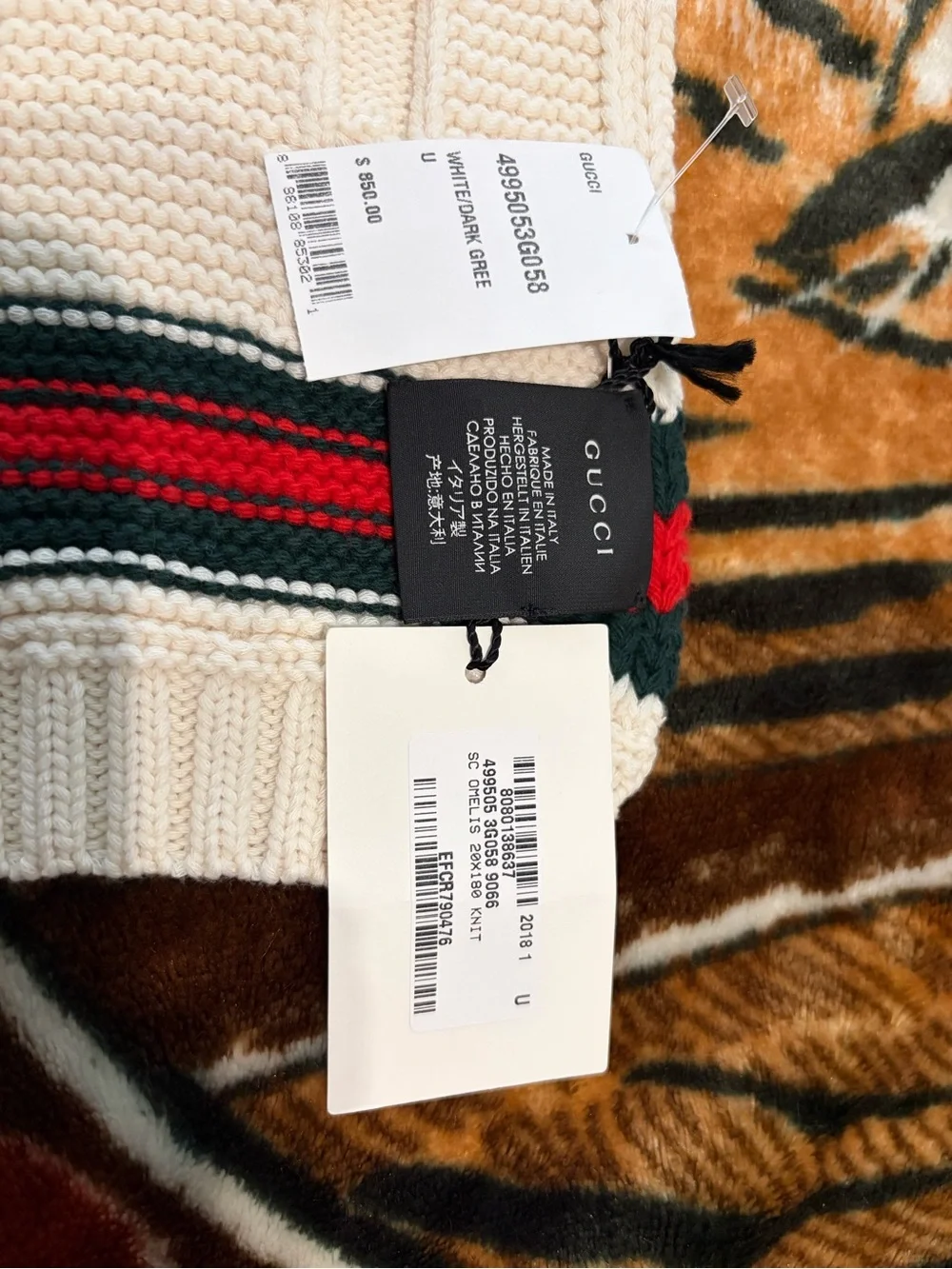 Gucci Cream Knit Scarf with Red & Green Web Stripe